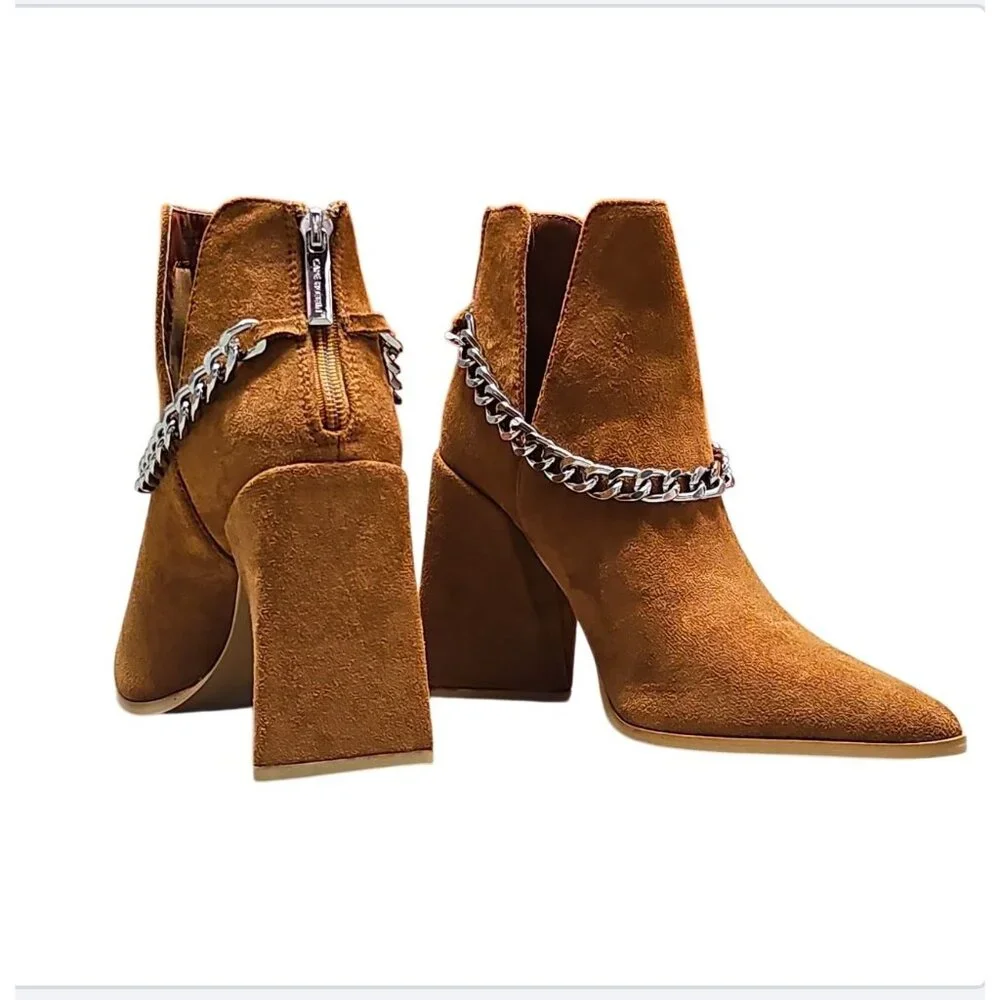 Tan Faux Suede Pointed Toe Ankle Boots With Silver Chain Detail & Block Heel